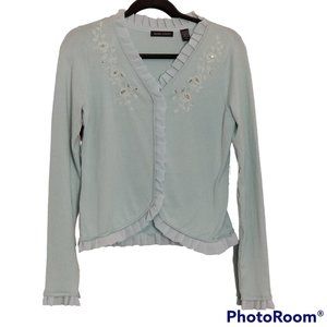 Valerie Stevens Light Blue Embroidered Ruffle Cardigan Sweater, Size S